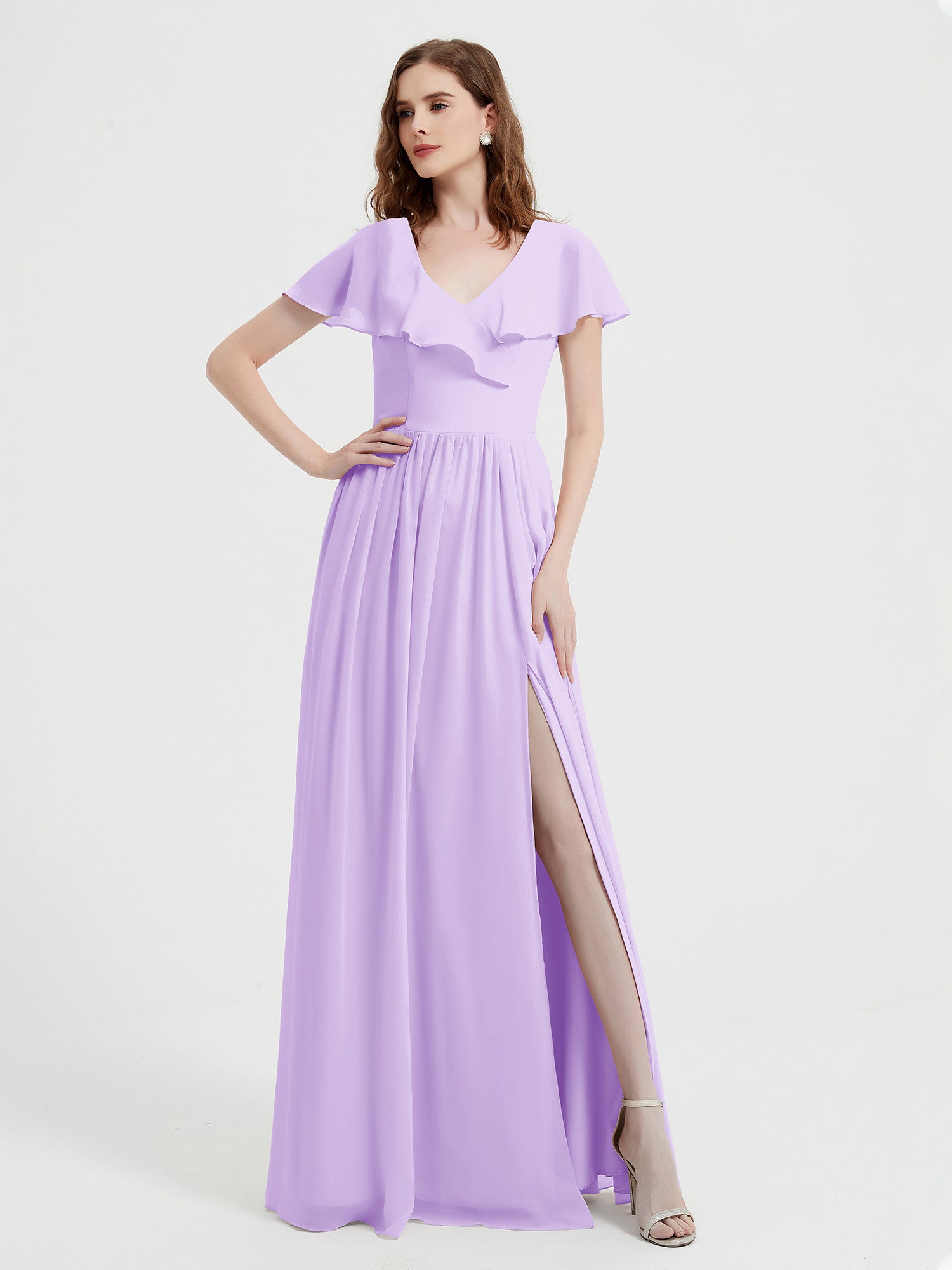 BABARONI Cap Sleeves Long Chiffon Dresses with Slit-Lilac Plus Size, Lilac / US18 BABARONI Cap Sleeves Long Chiffon Dresses with Slit-Lilac Plus Size, Lilac / US18