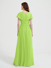 Cap Sleeves Long Chiffon Dresses with Slit-Lime Green