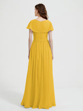Cap Sleeves Long Chiffon Dresses with Slit-Marigold