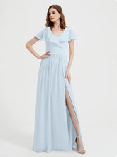 Cap Sleeves Long Chiffon Dresses with Slit-Mist