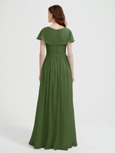 Cap Sleeves Long Chiffon Dresses with Slit-Moss