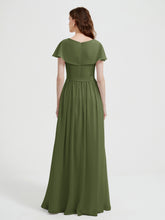 Cap Sleeves Long Chiffon Dresses with Slit-Olive Green