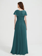 Cap Sleeves Long Chiffon Dresses with Slit-Peacock