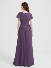 Cap Sleeves Long Chiffon Dresses with Slit-Plum