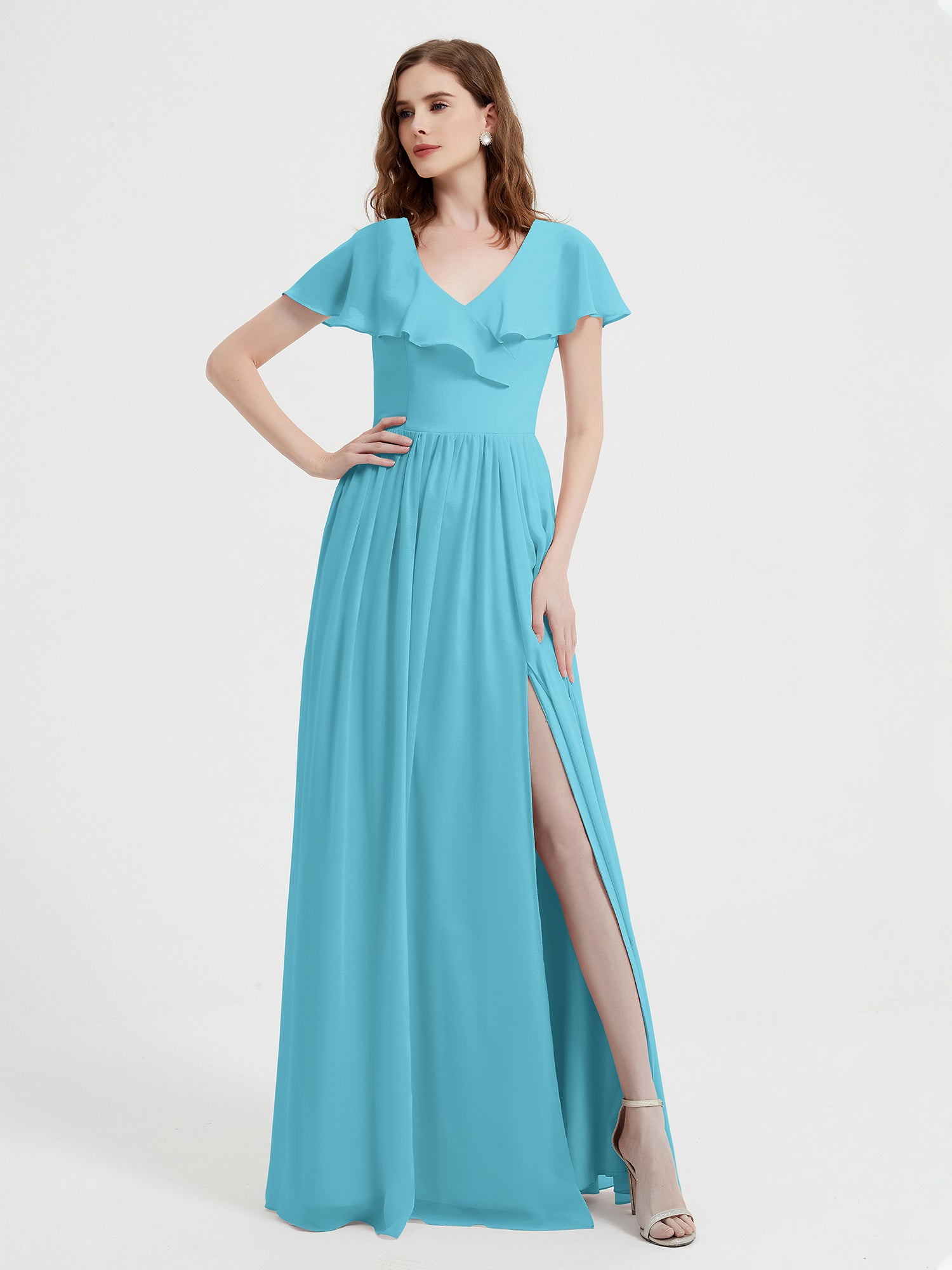 BABARONI Cap Sleeves Long Chiffon Dresses with Slit-Pool, Pool / US0