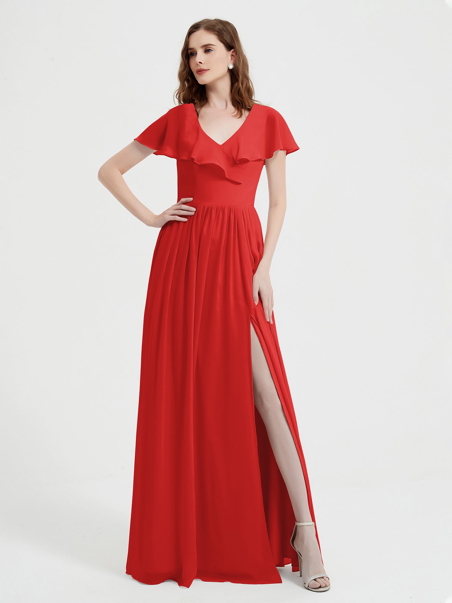gemma formal high slit satin dress BABARONI Chiffon Red Bridesmaid Dresses V-neck Floor-length Cap Sleeve Bow with A-line, Red / US0 Azazie