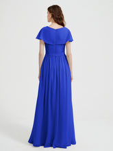 Cap Sleeves Long Chiffon Dresses with Slit-Royal Blue