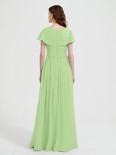 Cap Sleeves Long Chiffon Dresses with Slit-Sage