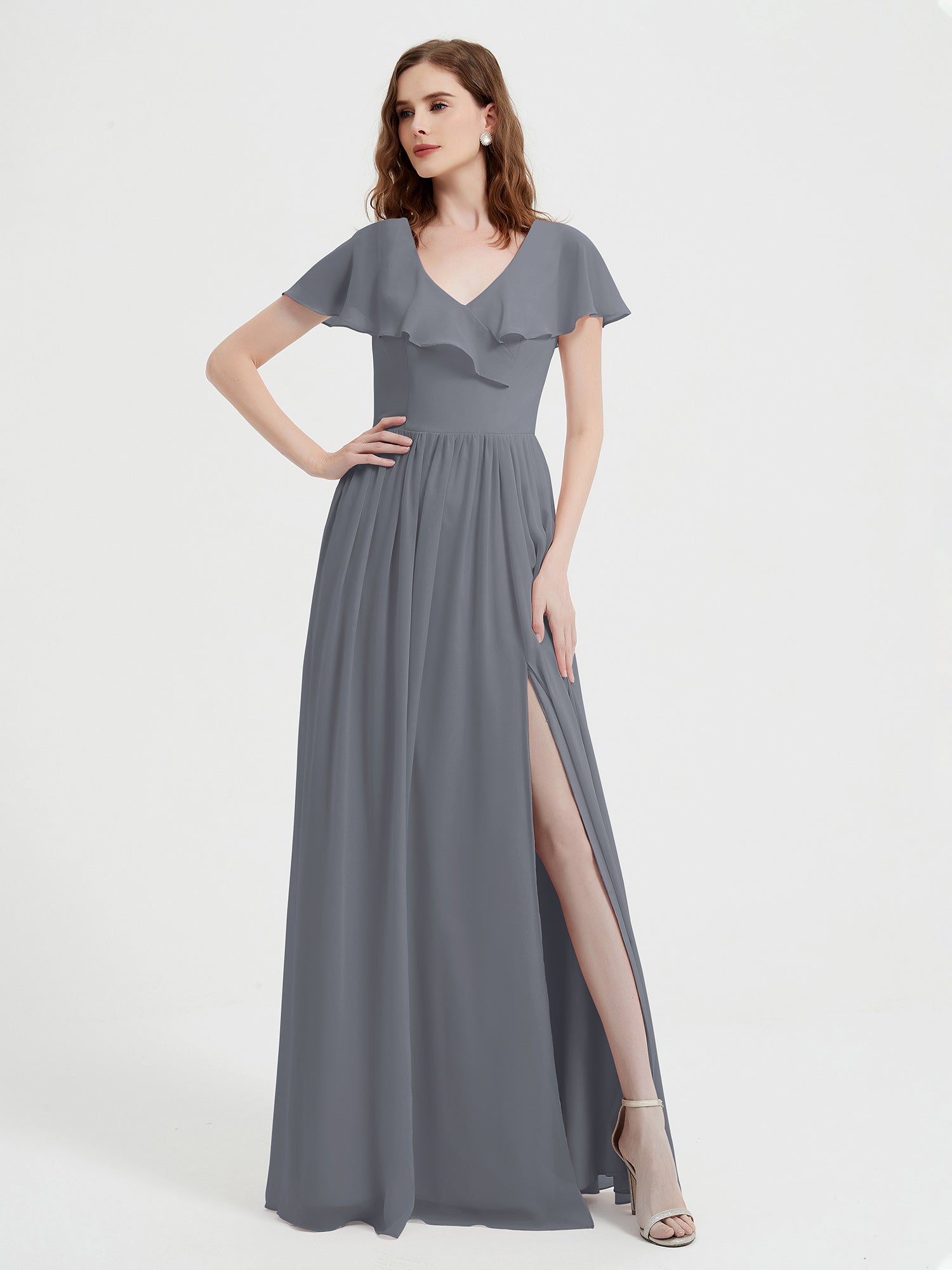 BABARONI Cap Sleeves Long Chiffon Dresses with Slit-Steel Grey, Steel Grey / US0
