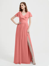 Cap Sleeves Long Chiffon Dresses with Slit-Sunset