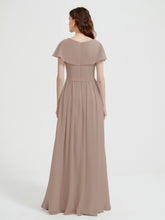 Cap Sleeves Long Chiffon Dresses with Slit-Taupe