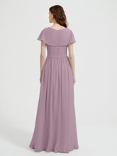 Cap Sleeves Long Chiffon Dresses with Slit-Vintage Mauve
