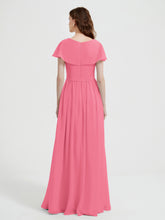 Cap Sleeves Long Chiffon Dresses with Slit-Watermelon