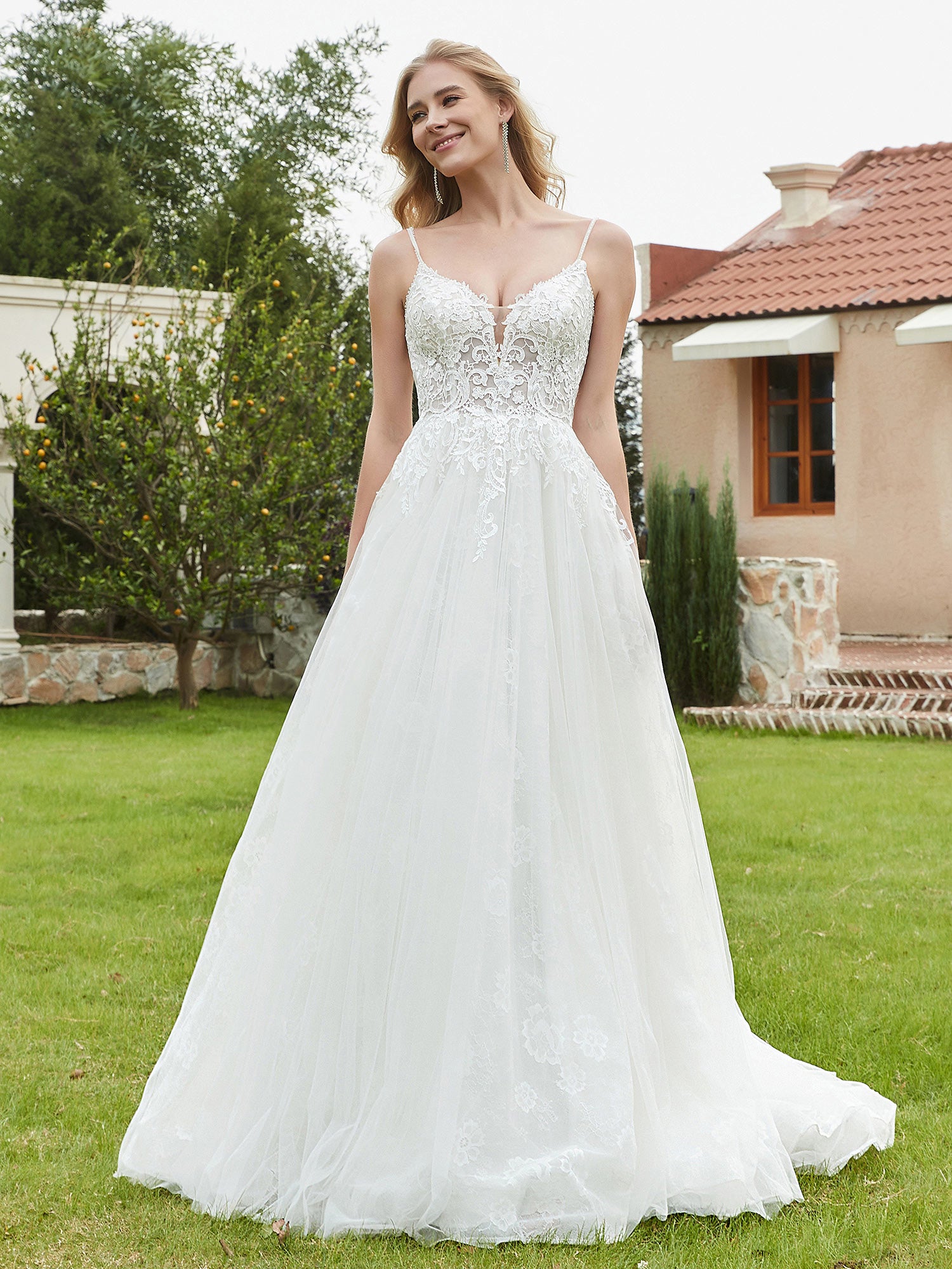 BABARONI Spaghetti Straps Plunging V-Neck Backless Bridal Gown-Champagne, Champagne / US0