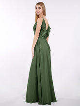 Spaghetti Strap Chiffon Dress with V-neck-Olive Green
