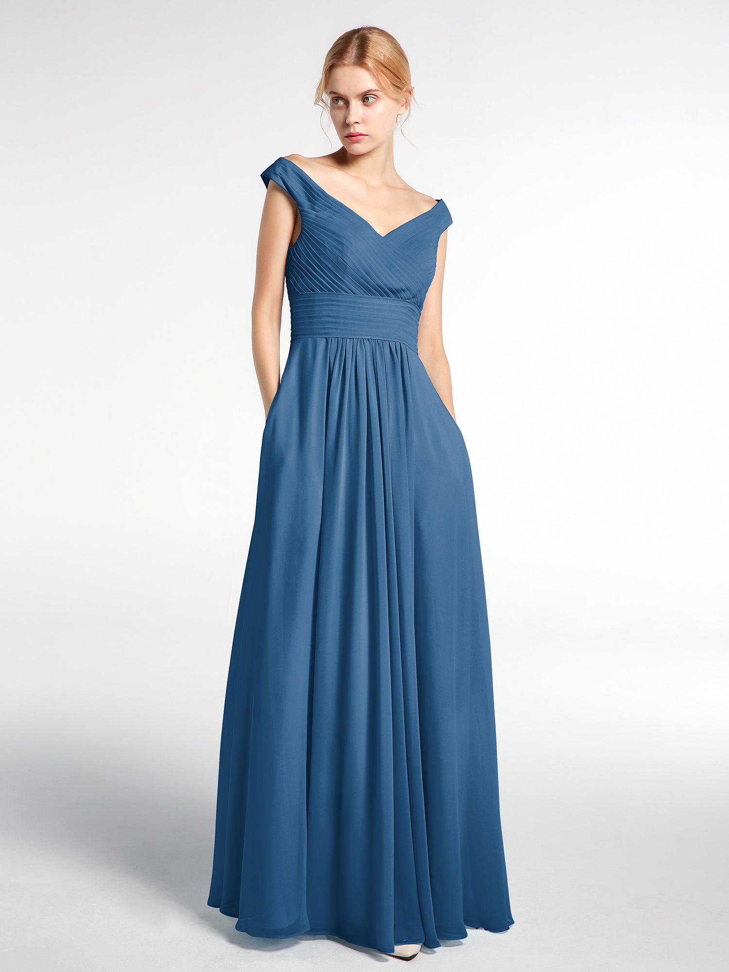 BABARONI Chiffon Ink Blue Bridesmaid Dresses V-neck Floor-length Sleeveless Pocket A-line BABARONI Chiffon Ink Blue Bridesmaid Dresses V-neck Floor-length Sleeveless Pocket A-line