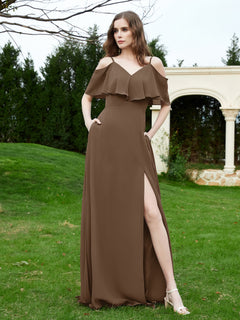 Floor-length V-neck Ruffles Chiffon A-line Dress Brown