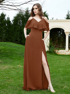 Floor-length V-neck Ruffles Chiffon A-line Dress Terracotta