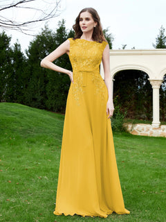 Elegant Illusion Lace Appliqued Dress With Buttons Marigold