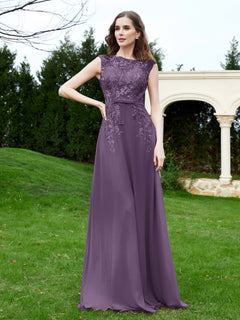 Elegant Illusion Lace Appliqued Dress With Buttons Plum