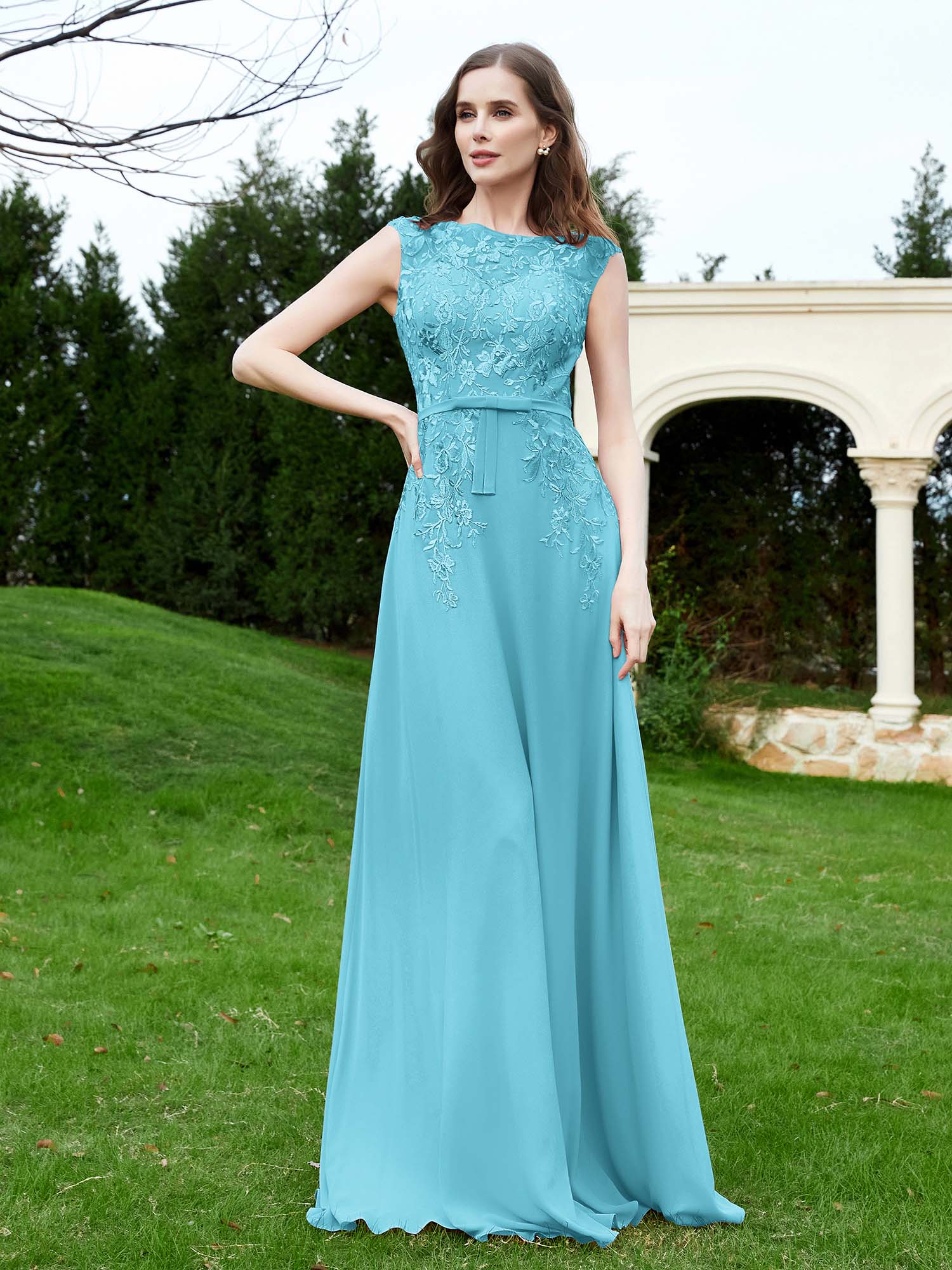 V-Neck Floor-Length Chiffon Lace Dress Pool Plus Size main image 1