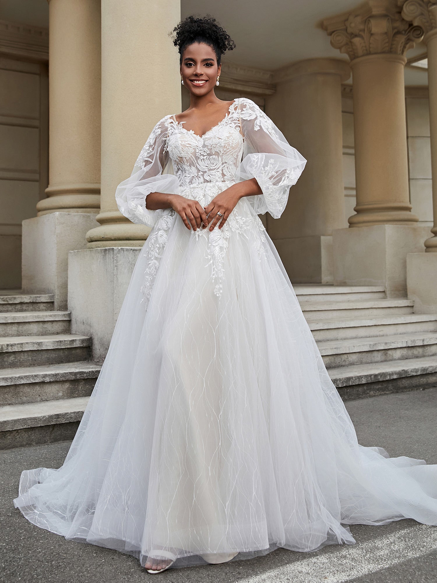 BABARONI Open Back Long Sleeve Tulle Wedding Dress White, White / US0