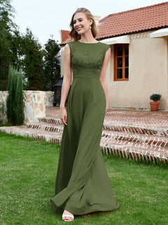 Chiffon And Lace Floor-length A-line Dress Olive Green