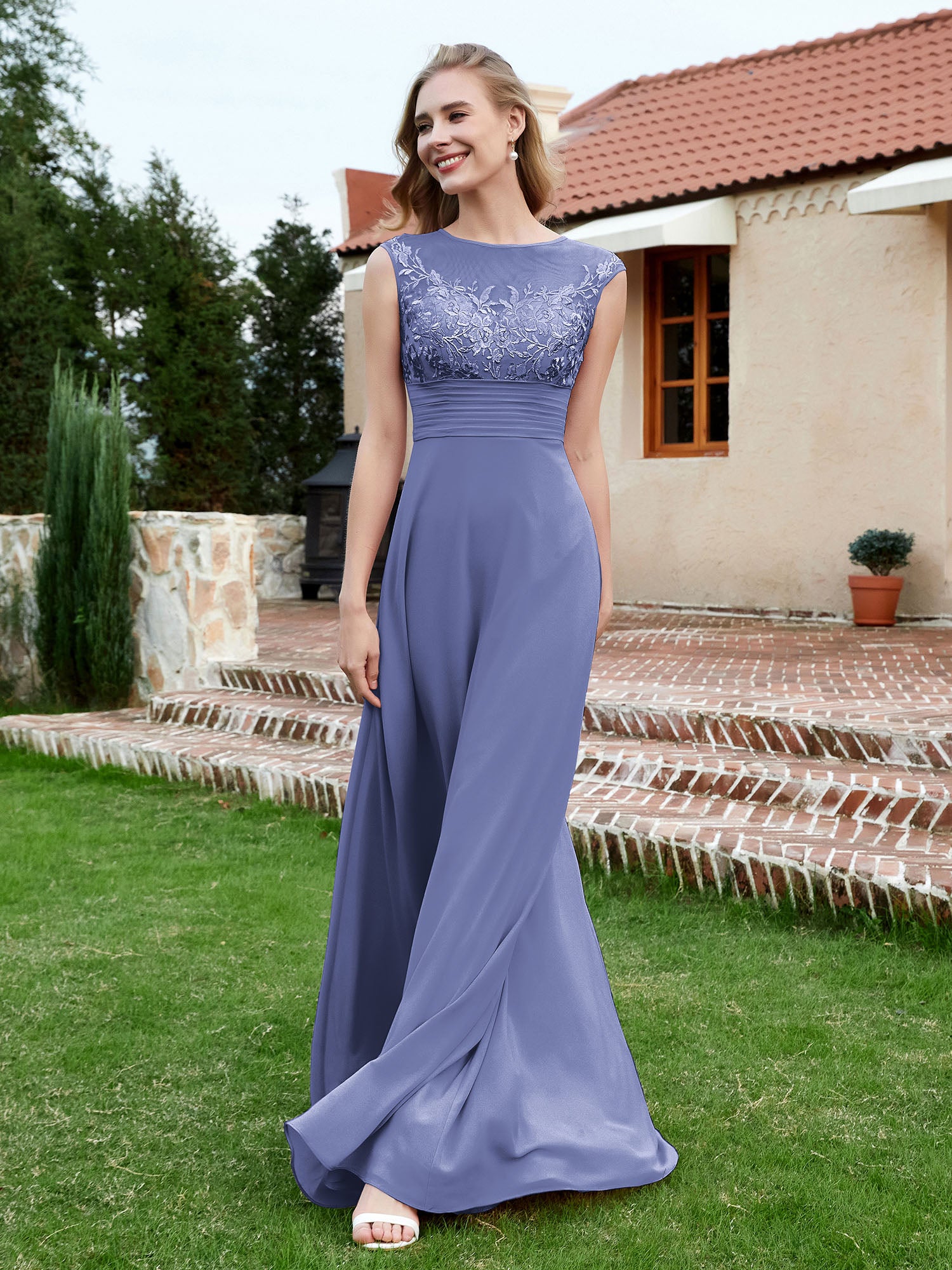 A-Line Pleated Chiffon Dress with Flutter Sleeves Periwinkle Plus Size main image 1