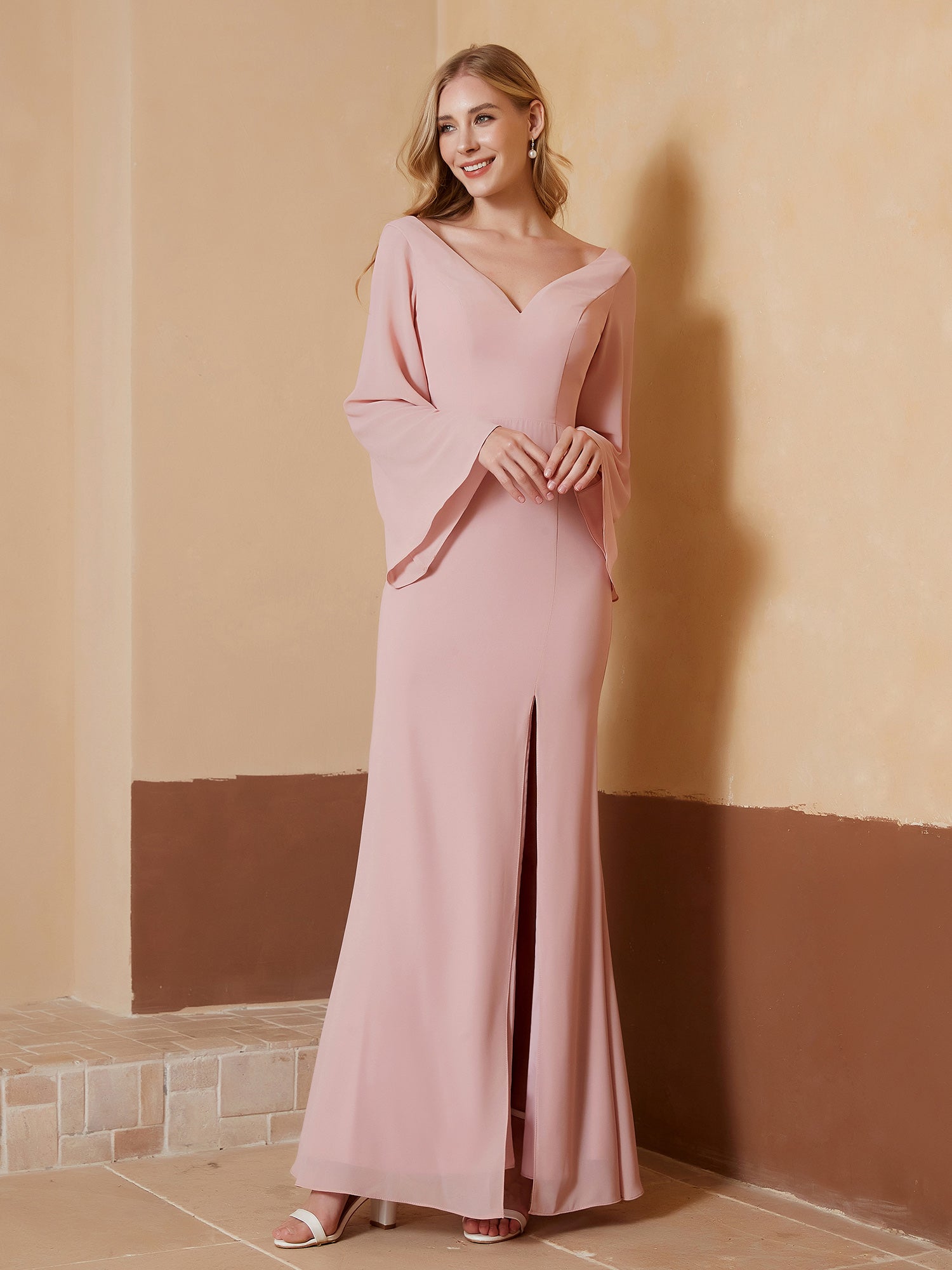 BABARONI V-neck Sheath Column Chiffon Dress With Slit Dusty Rose Plus Size, Dusty Rose / US18 BABARONI V-neck Sheath Column Chiffon Dress With Slit Dusty Rose Plus Size, Dusty Rose / US18