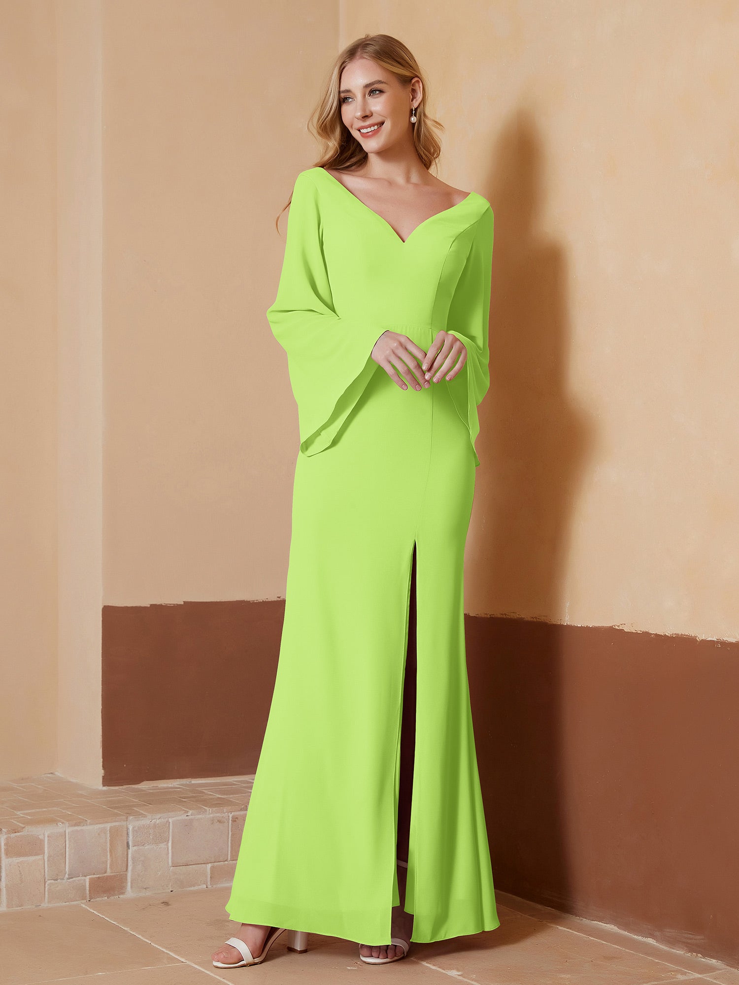 Square Neck Flutter Sleeves Chiffon Dresses with Slit Lime Green