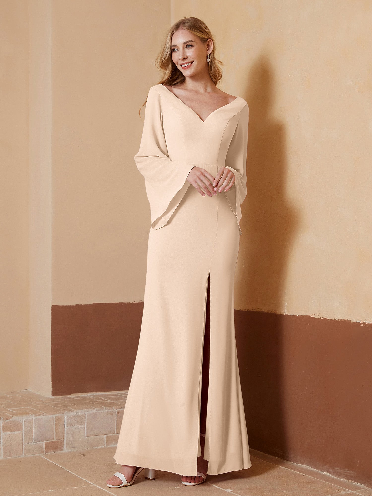 Cowl Neck Ruched Backless Dress With Slit Peach Plus Size