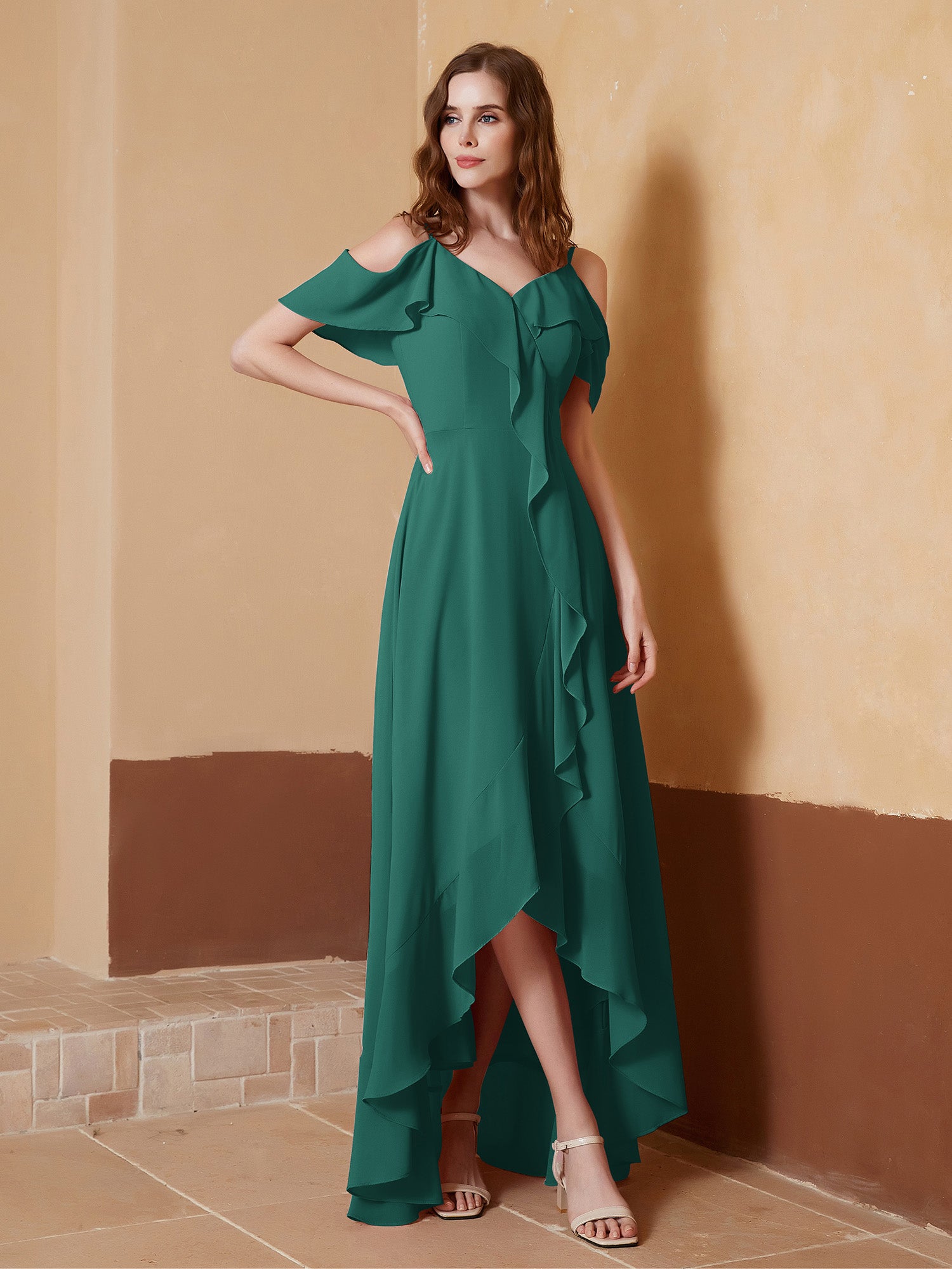 Off-Shoulder Halter Chiffon Dress with Blouson Bodice Peacock Plus Size