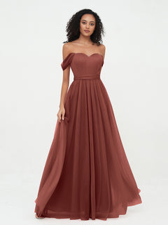Princess Off Shoulder Tulle Dresses with Sash Bow-Terracotta