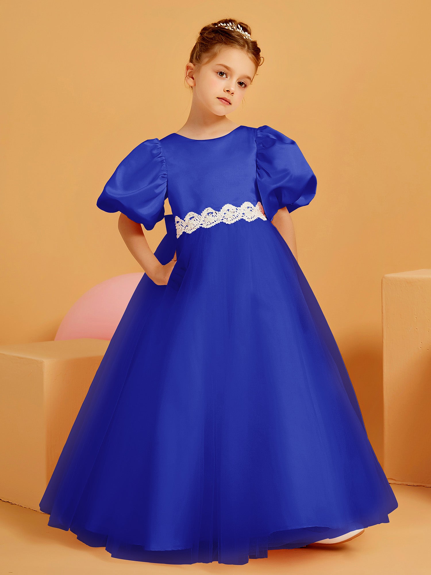 BABARONI Flower Girl Dress - Bubble Sleeve Floor-Length Ball Gown with Floral Applique BABARONI Flower Girl Dress - Bubble Sleeve Floor-Length Ball Gown with Floral Applique