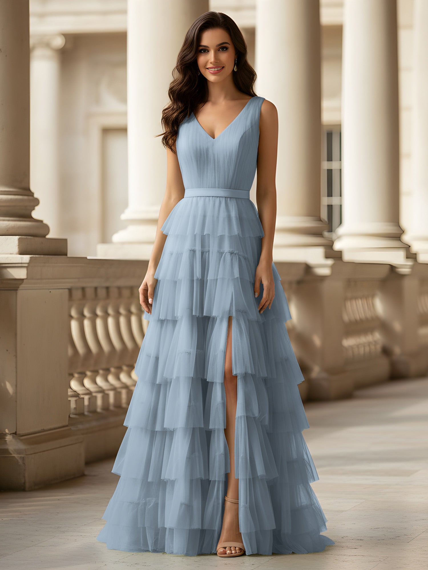 BABARONI Tulle Dusty Blue Prom Dresses A-line V-neck Ruffle With Slit