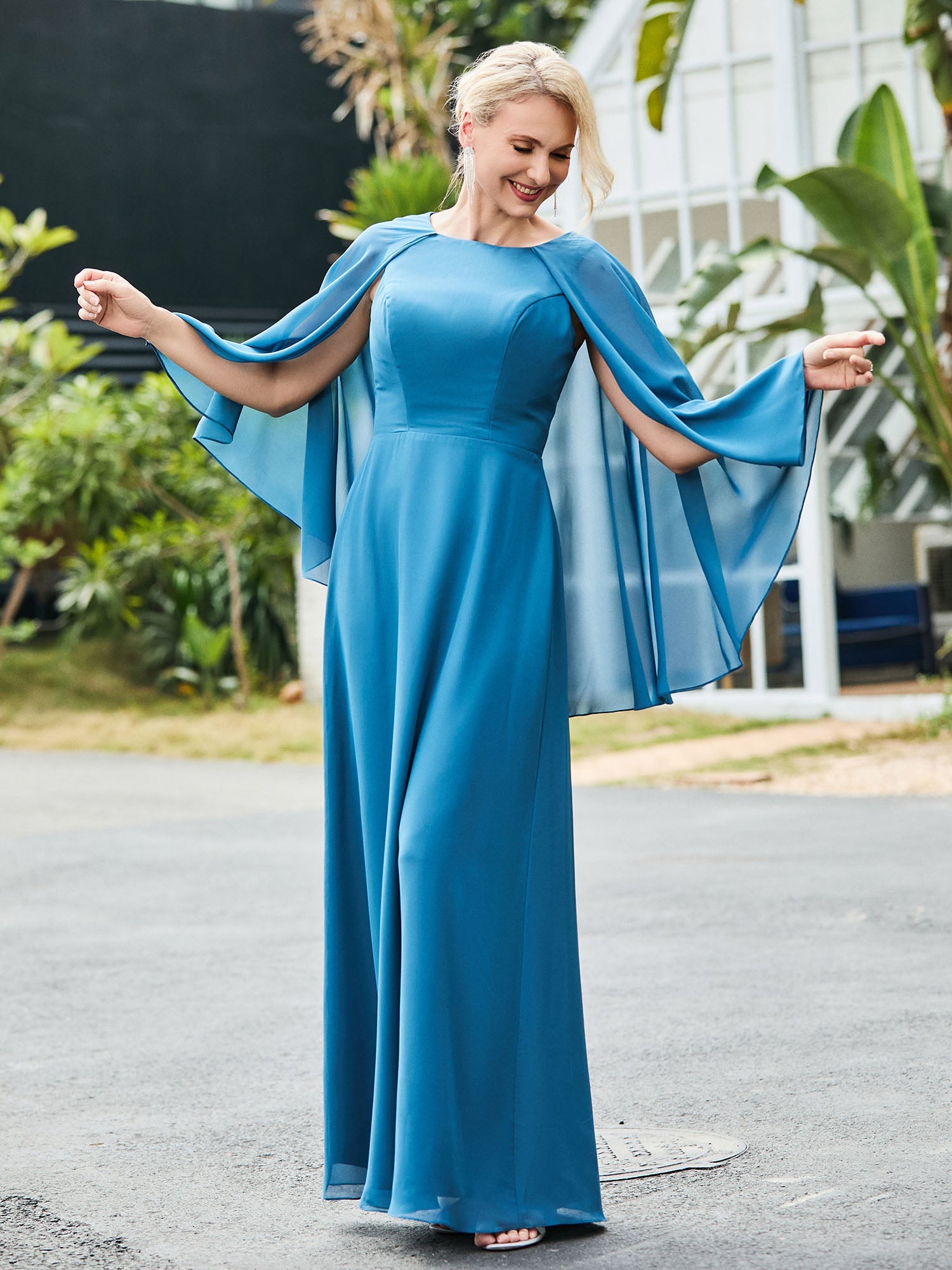 Elegant A-line Chiffon Dress with Cape Tangerine