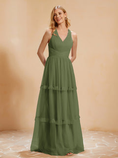 V-neck Pleated Ruffle Floor-length Tulle Dress Olive Green