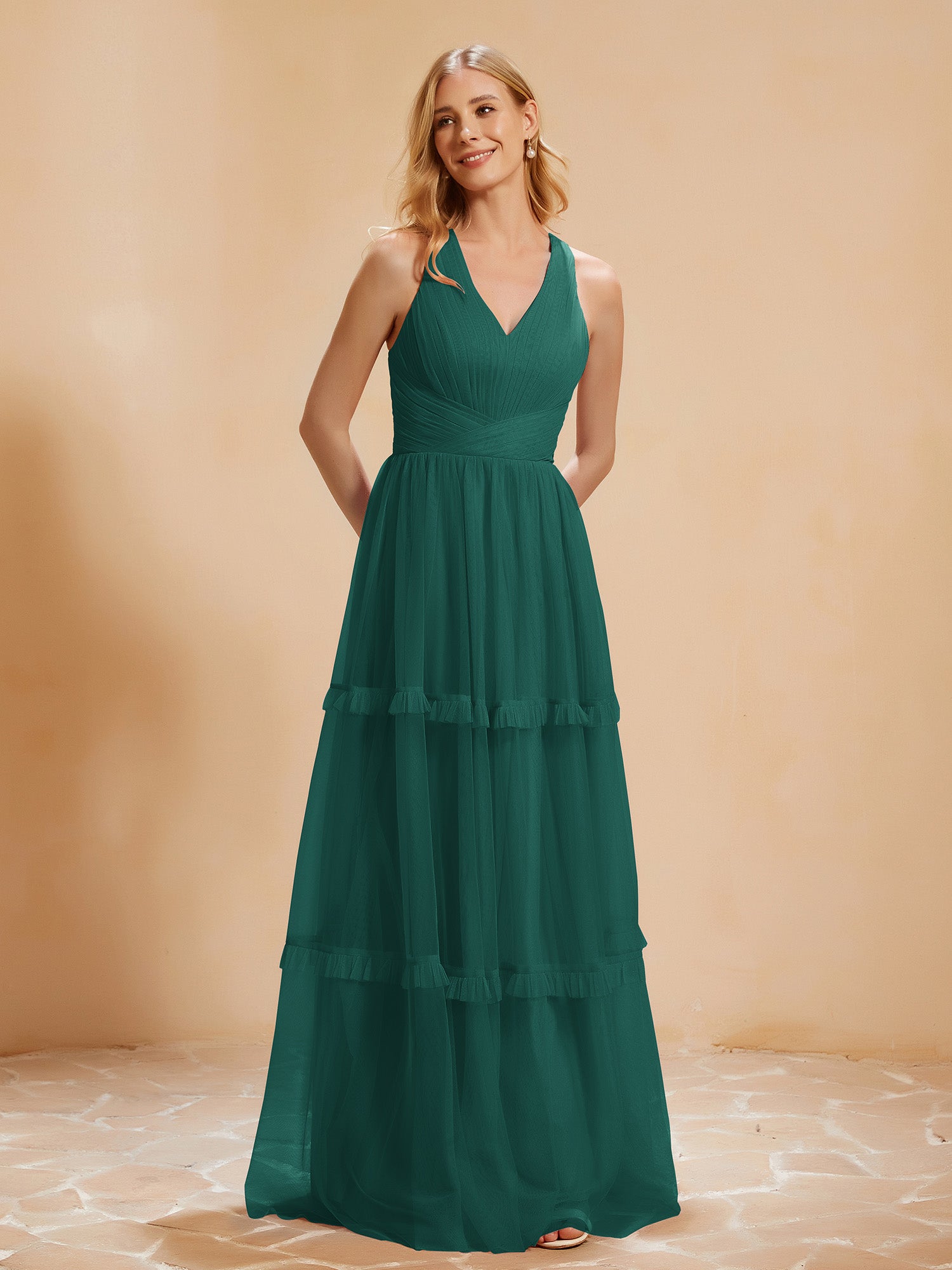 Full Pleated Skirt Chiffon Bridesmaid Dress Peacock Plus Size