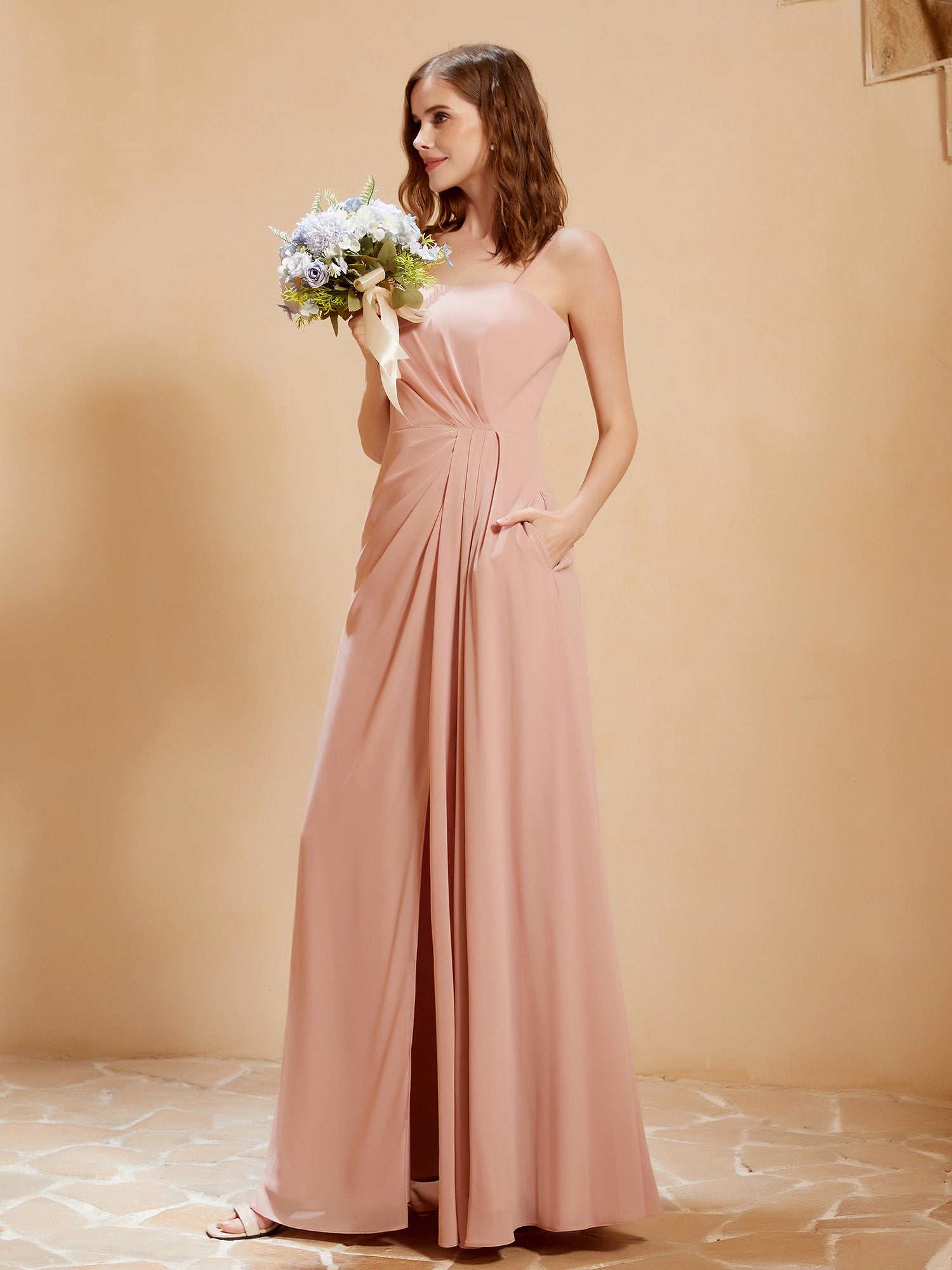 open lace back dress BABARONI Square Neckline A-Line Chiffon Dress with Pocket Dusty Rose, Dusty Rose / US0