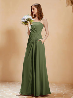 Square Neckline A-line Chiffon Dress With Pocket Olive Green