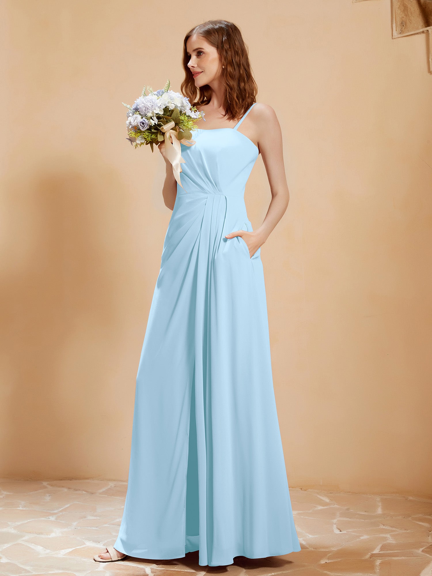 Sky Blue A-Line with Sleeves Chiffon Dress