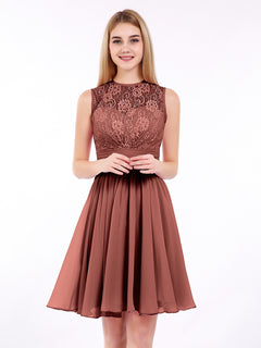 Illusion Neck Chiffon and Lace Dress-Terracotta