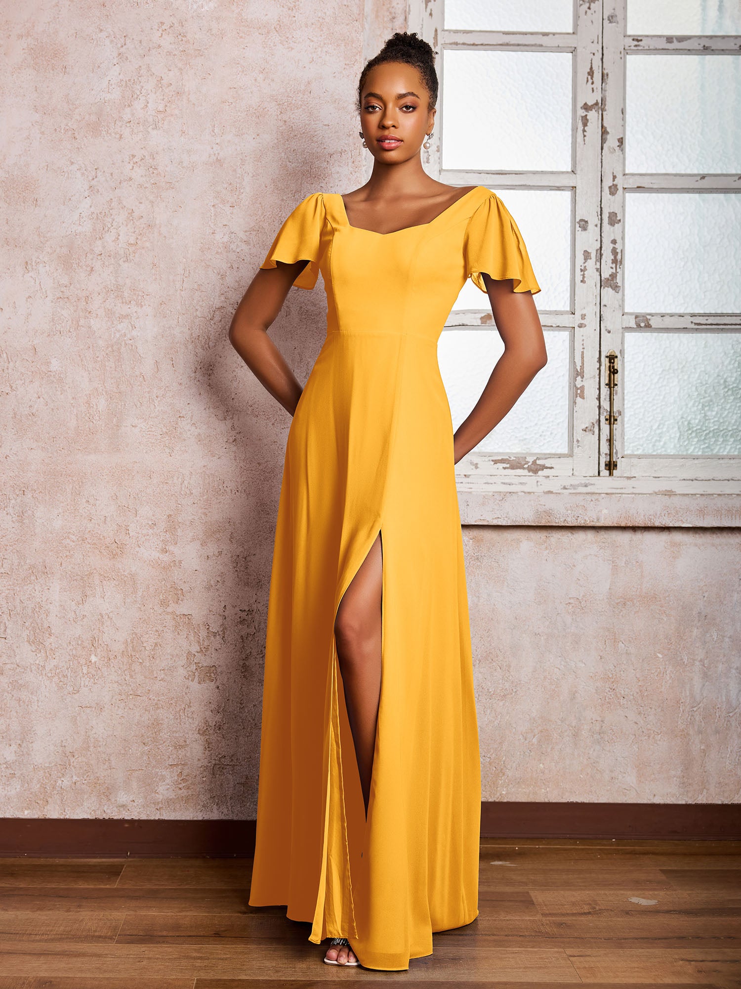A-line Flutter Sleeves Chiffon Pleated Dress Tangerine
