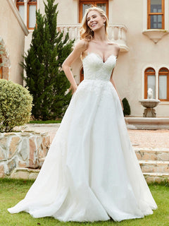 Sweetheart Lace Ruched Sweep Train Wedding Dress Ivory