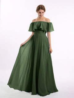 Off the Shoulder Chiffon Full Length Dress-Olive Green