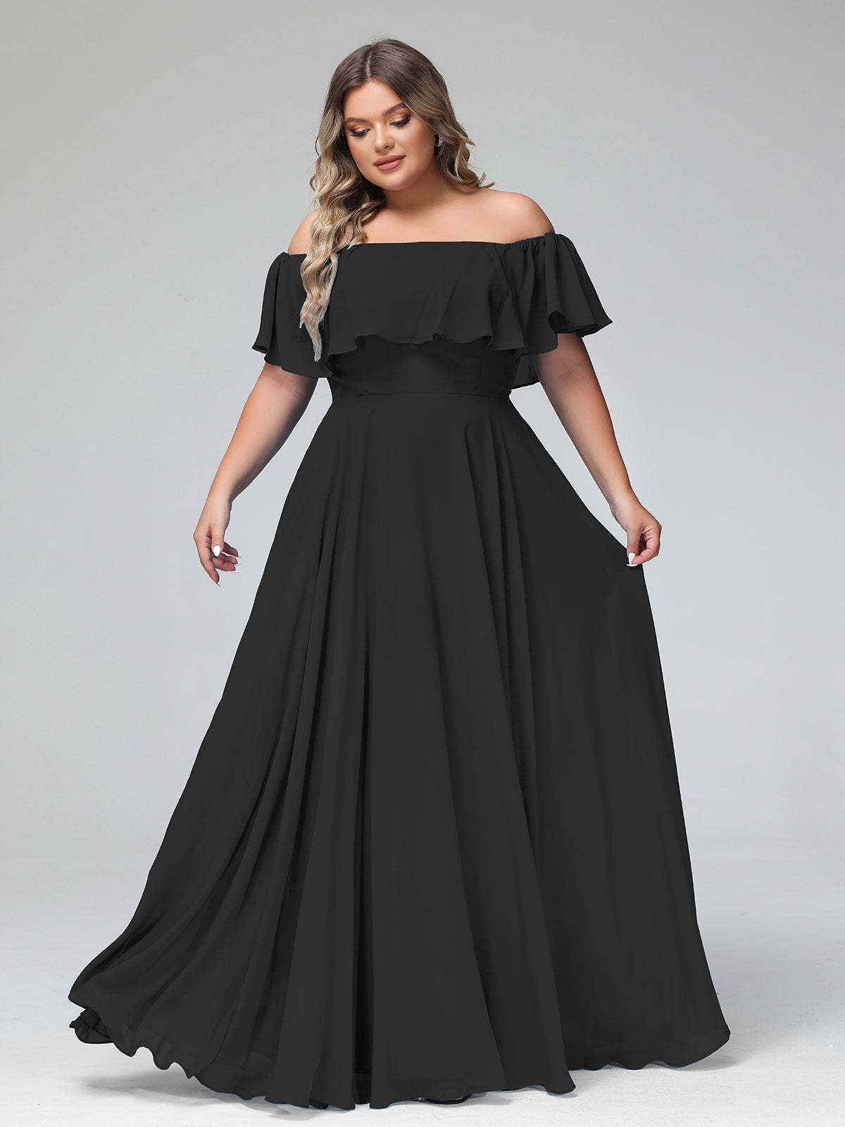 blue dress for baby girl BABARONI Off The Shoulder Chiffon Full Length Dress-Black, Black / US0