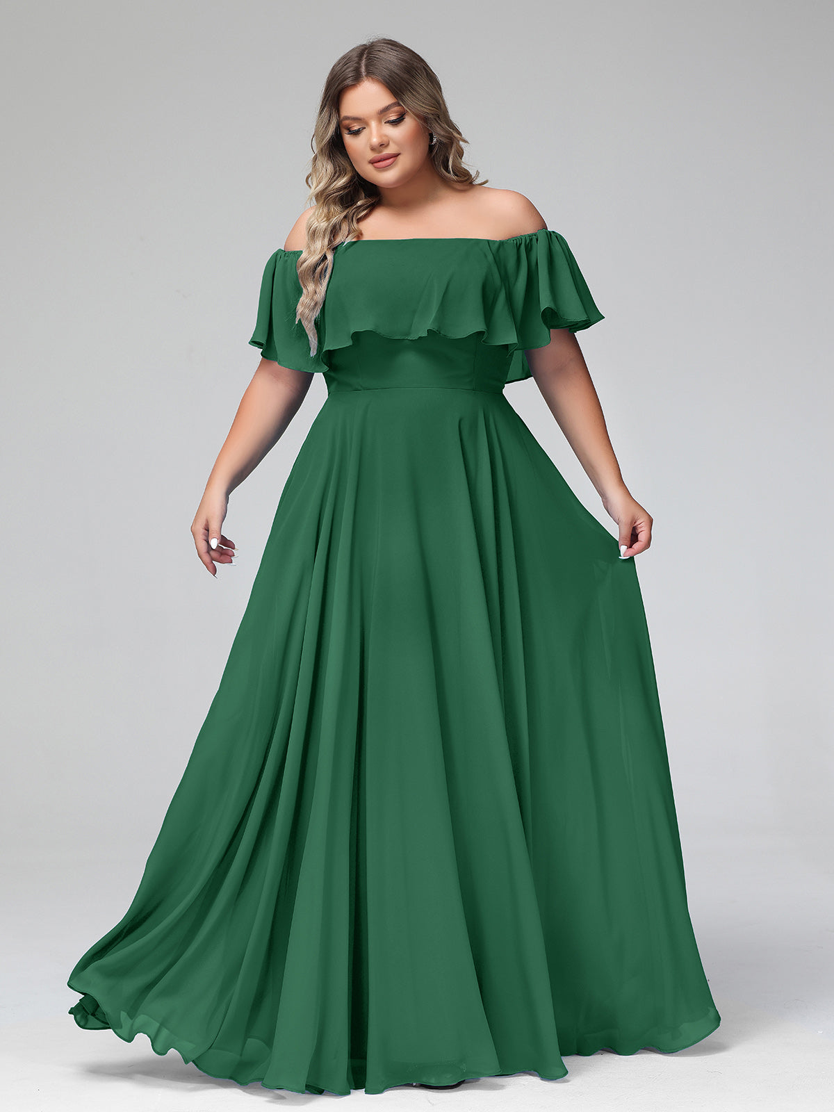 BABARONI Off The Shoulder Chiffon Full Length Dress-Dark Green, Dark Green / US0 BABARONI Off The Shoulder Chiffon Full Length Dress-Dark Green, Dark Green / US0