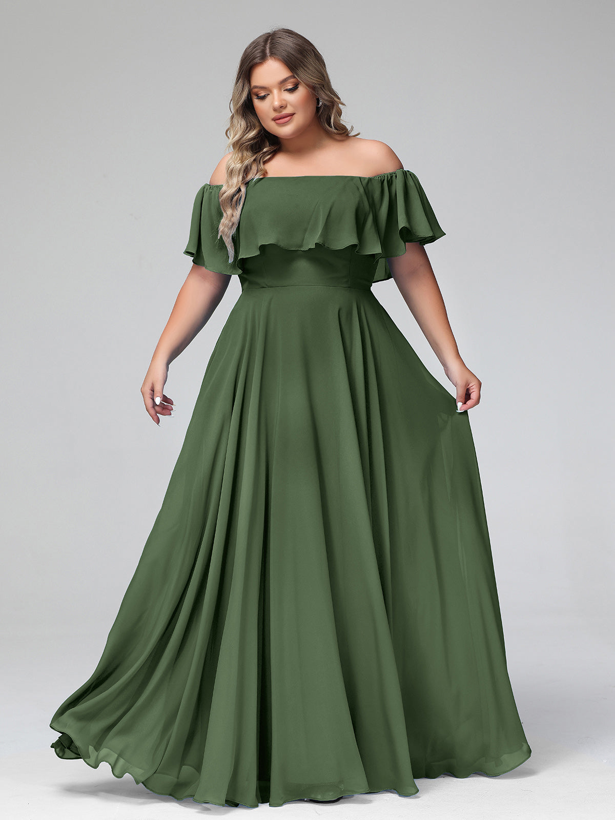 BABARONI Off the Shoulder Chiffon Full Length Dress-Olive Green, Olive Green / US0 BABARONI Off the Shoulder Chiffon Full Length Dress-Olive Green, Olive Green / US0