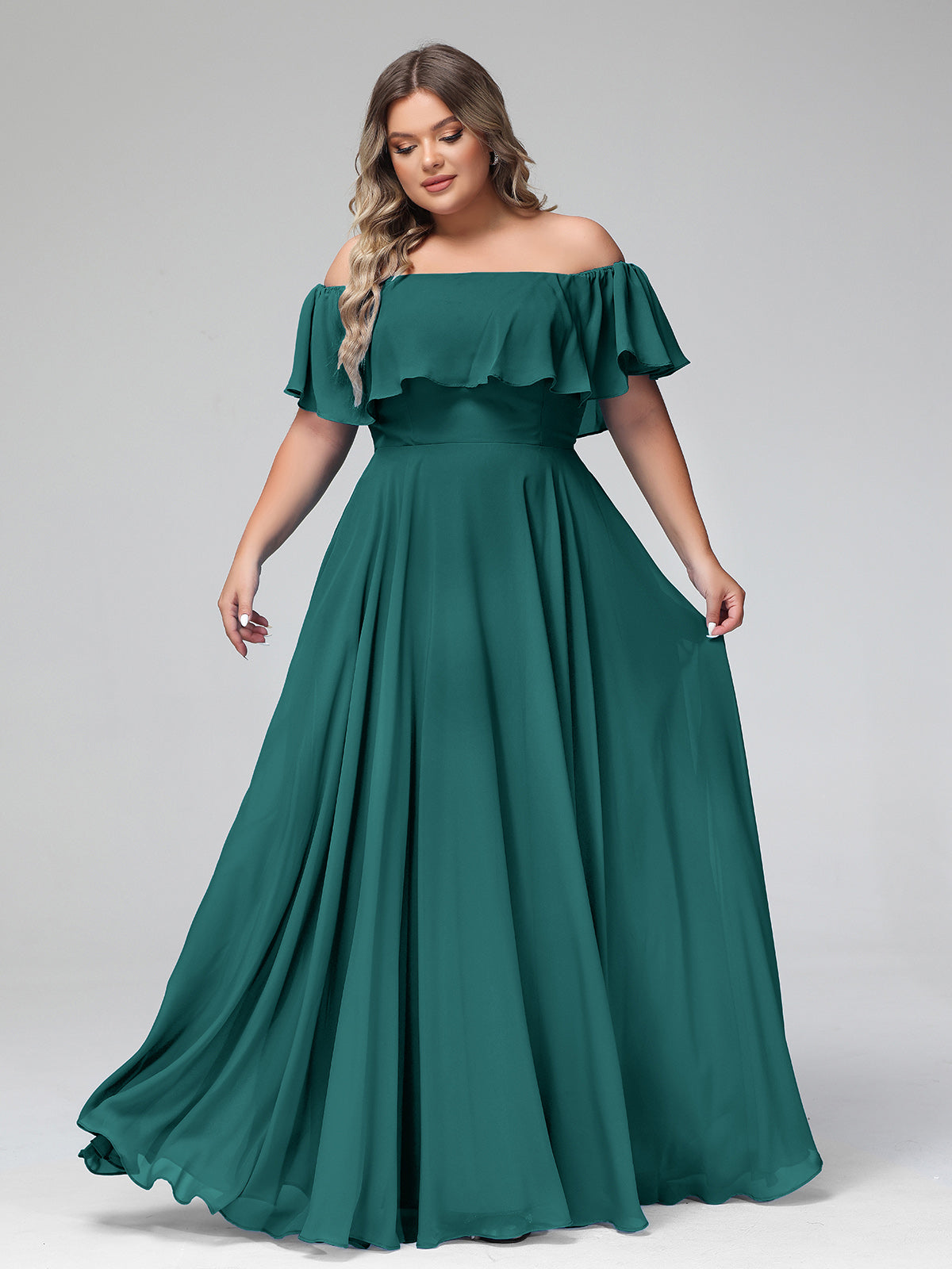 peacock formal dress plus size BABARONI Off the Shoulder Chiffon Full Length Dress-Peacock, Peacock / US0