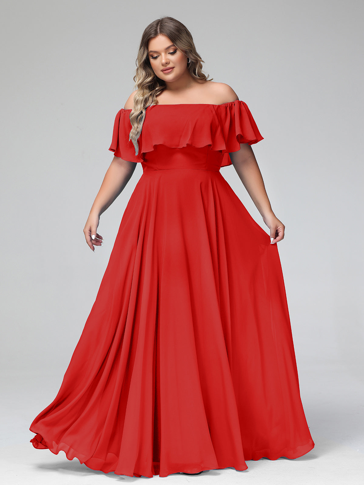 BABARONI Chiffon Red Bridesmaid Dresses Off-the-shoulder Floor-length Short Pleated A-line, Red / US0